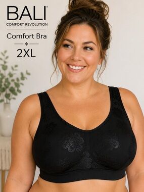 NWOT Bali Comfort Revolution Wirefree Floral Jacquard Bra Black 2XL